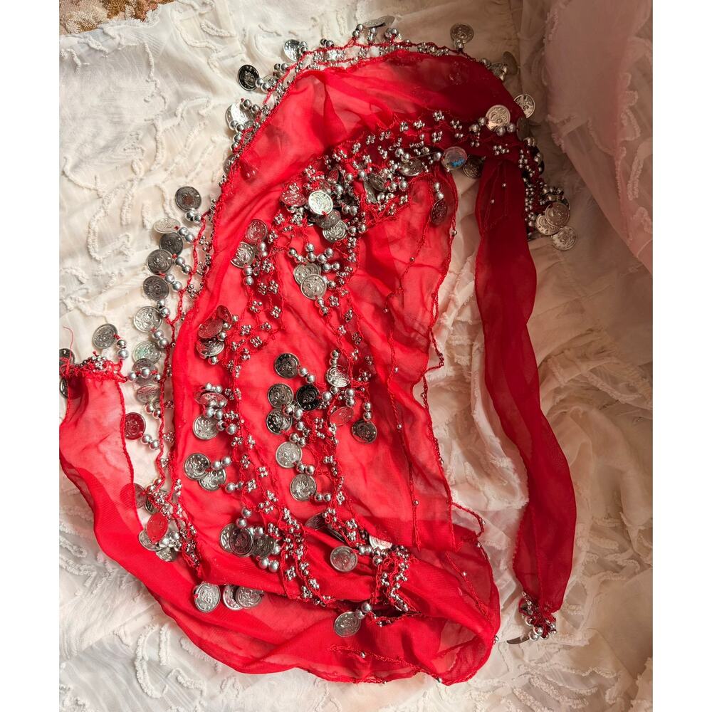 Red Belly Dance Hip Scarf Coin Wrap Sheer Chiffon Silver Tone Coins Used - Picture 6 of 16